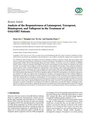 Review Article Analysis of the Responsiveness of Latanoprost, Travoprost, Bimatoprost, and Tafluprost in the Treatment of OAG/OHT Patients