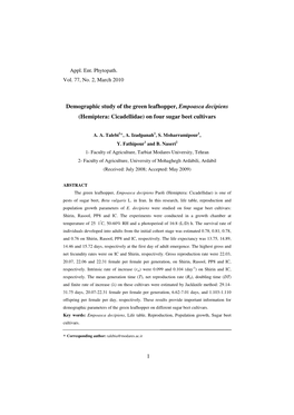 1 Demographic Study of the Green Leafhopper, Empoasca Decipiens