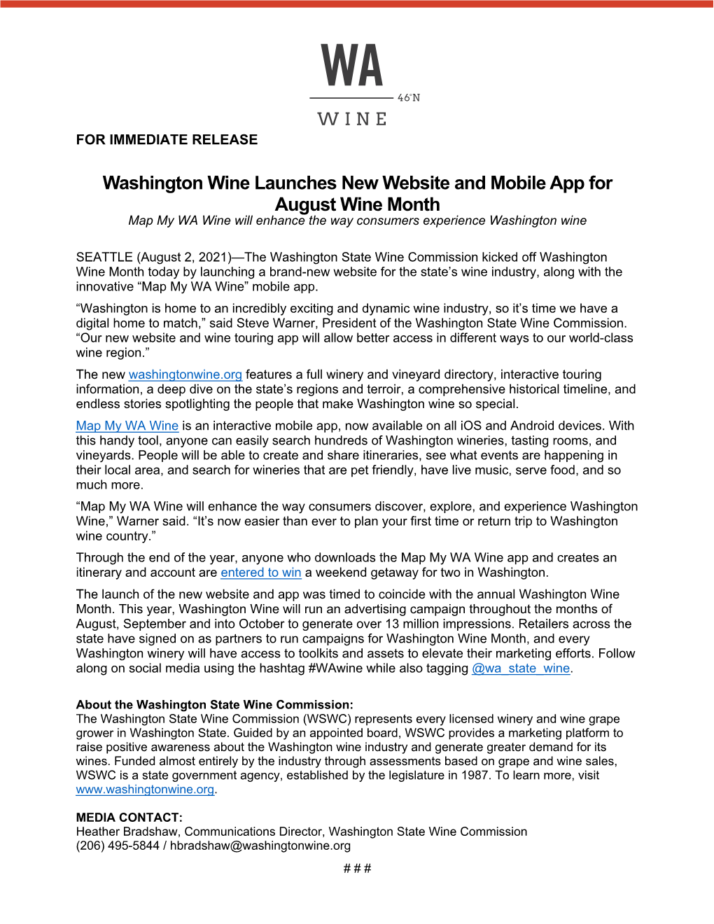 Washington Wine Launches New Website and Mobile App for August Wine Month Map My WA Wine Will Enhance the Way Consumers Experience Washington Wine