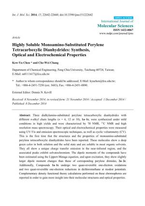 Highly Soluble Monoamino-Substituted Perylene Tetracarboxylic Dianhydrides: Synthesis, Optical and Electrochemical Properties