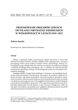 Przejmowanie Obszarów Leśnych Od Władz I Obywateli Niemieckich W Wielkopolsce W Latach 1919–1922