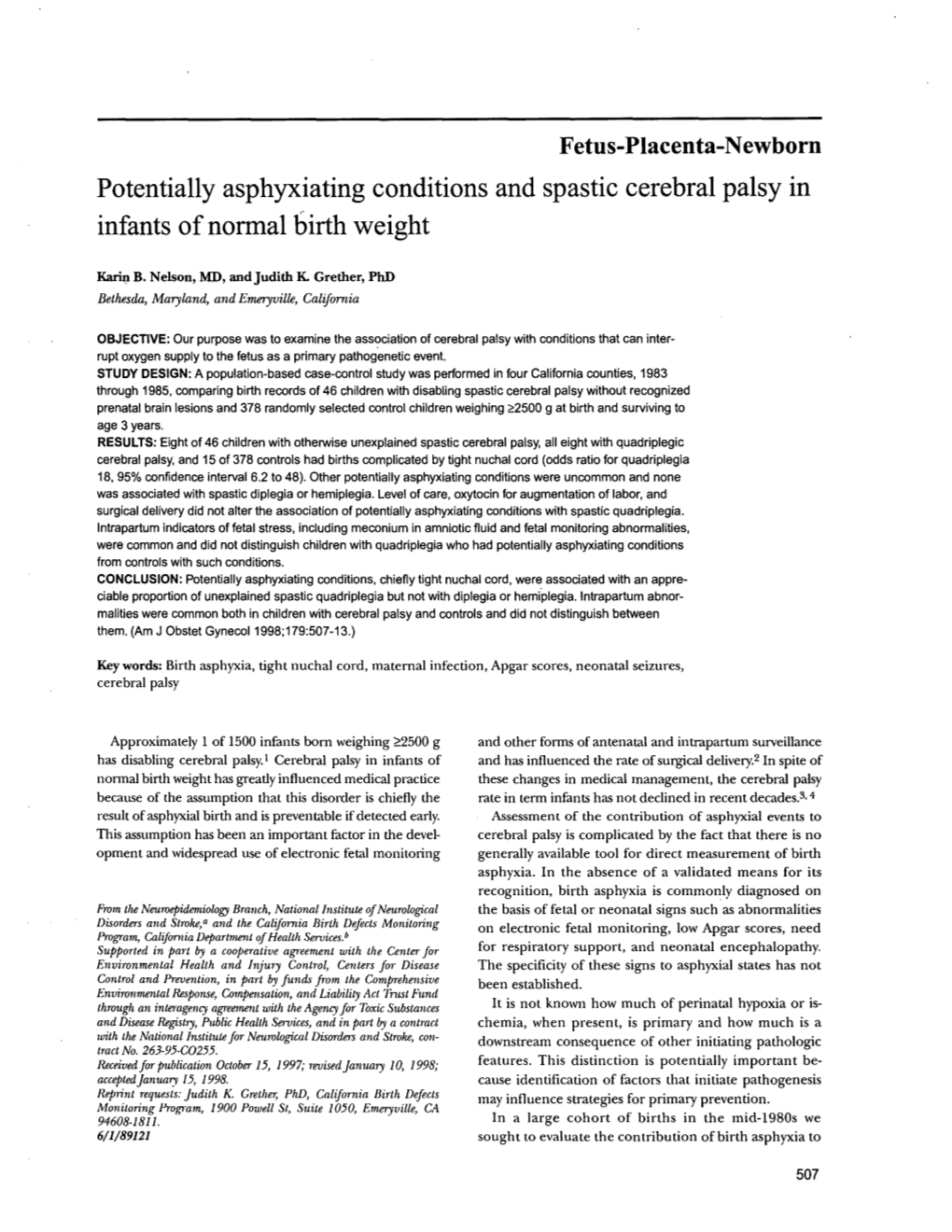 Potentially Asphyxiating Conditions and Spastic Cerebral Palsy in Infants of Normal Birth Weight