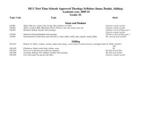 MCC Part Time Schools Approved Theology Syllabus (Iman, Ibadat, Akhlaq) Academic Year, 2009-10 Grade: 01 Topic Code Topic Book