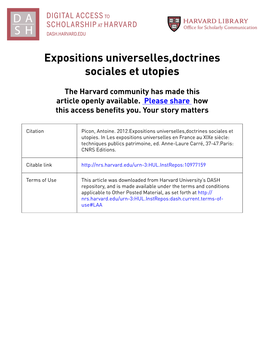 Expositions Universelles,Doctrines Sociales Et Utopies