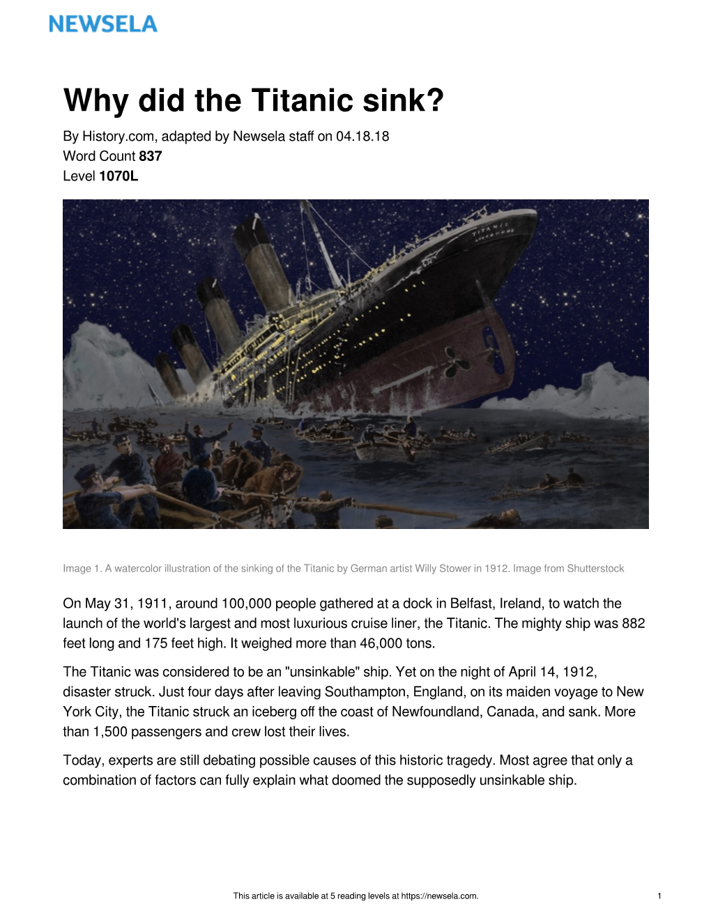 Why Did The Titanic Sink By History Com Adapted By Newsela Sta On 04   Why Did The Titanic Sink By History Com Adapted By Newsela Sta On 04 18 18 Word Count 837 Level 1070l 