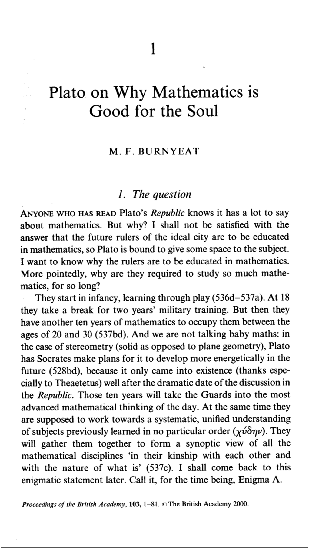 1 Plato on Why Mathematics Is Good for the Soul