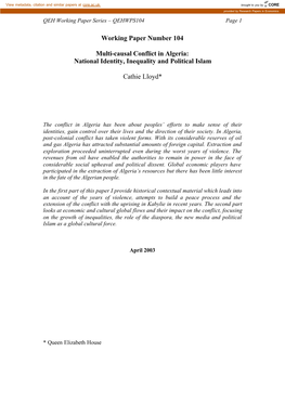 Working Paper Number 104 Multi-Causal Conflict in Algeria