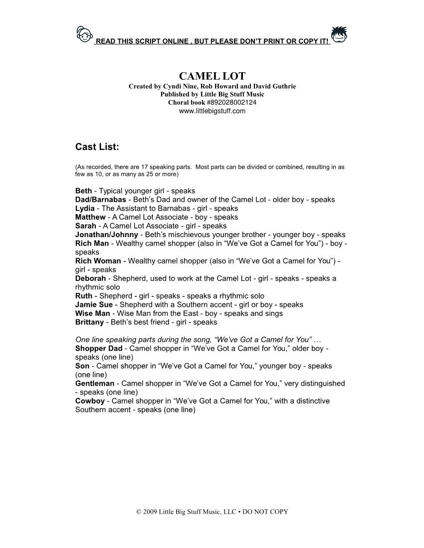 CAMEL LOT Created by Cyndi Nine, Rob Howard and David Guthrie Published by Little Big Stuff Music Choral Book #892028002124