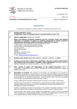 G/TBT/N/CAN/435 11 December 2014 (14-7223) Page: 1/2 Committee on Technical Barriers to Trade Original