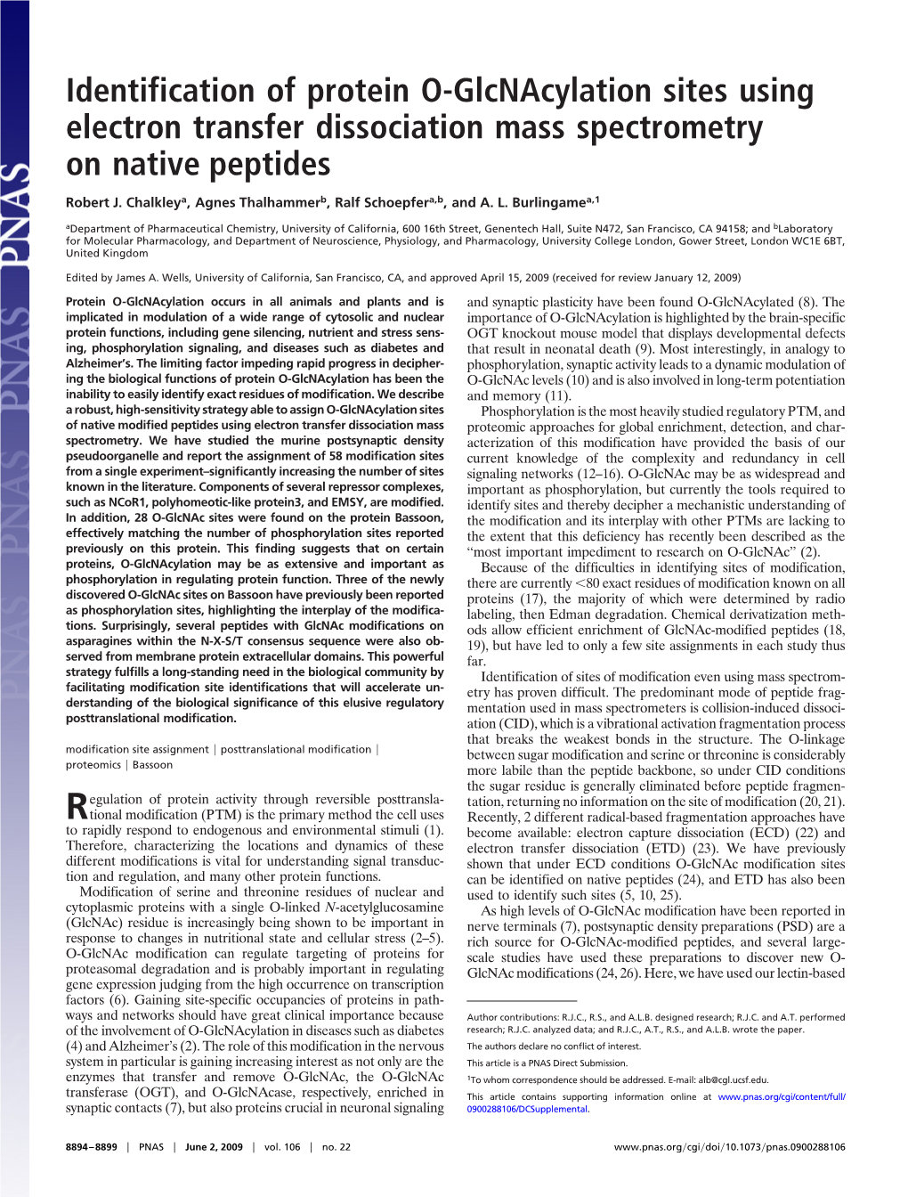 Identification of Protein O-Glcnacylation Sites Using Electron Transfer Dissociation Mass Spectrometry on Native Peptides