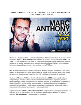 Marc Anthony Anuncia “The Opus Us Tour” Iniciando En Tegucigalpa