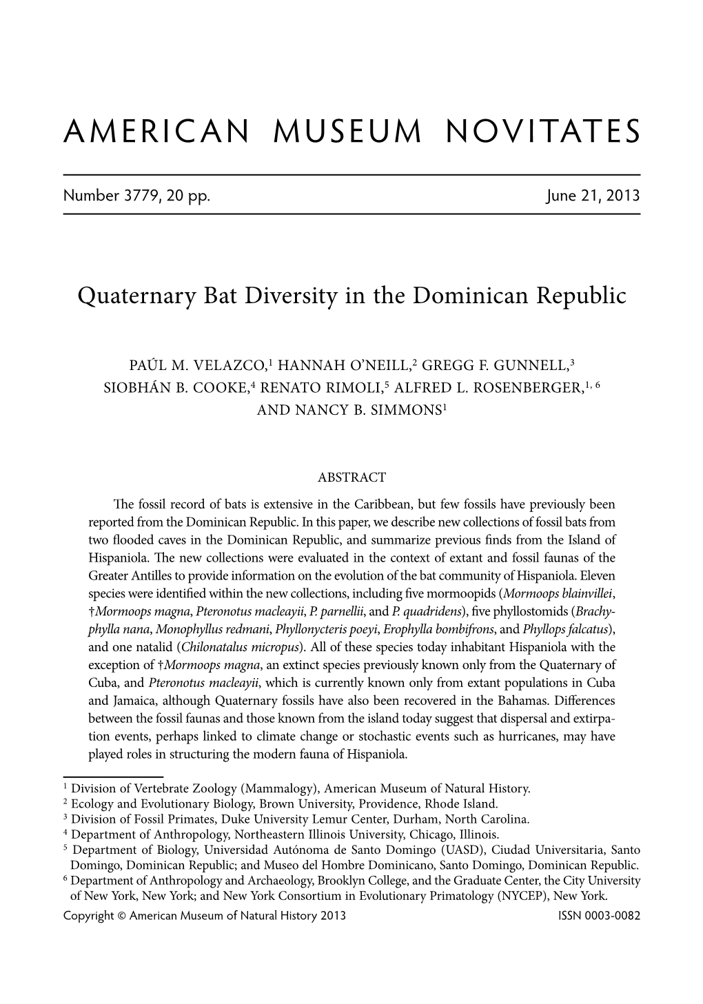 Quaternary Bat Diversity in the Dominican Republic