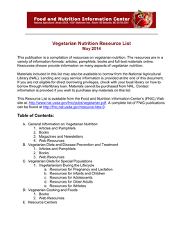 Vegetarian Nutrition Resource List May 2014