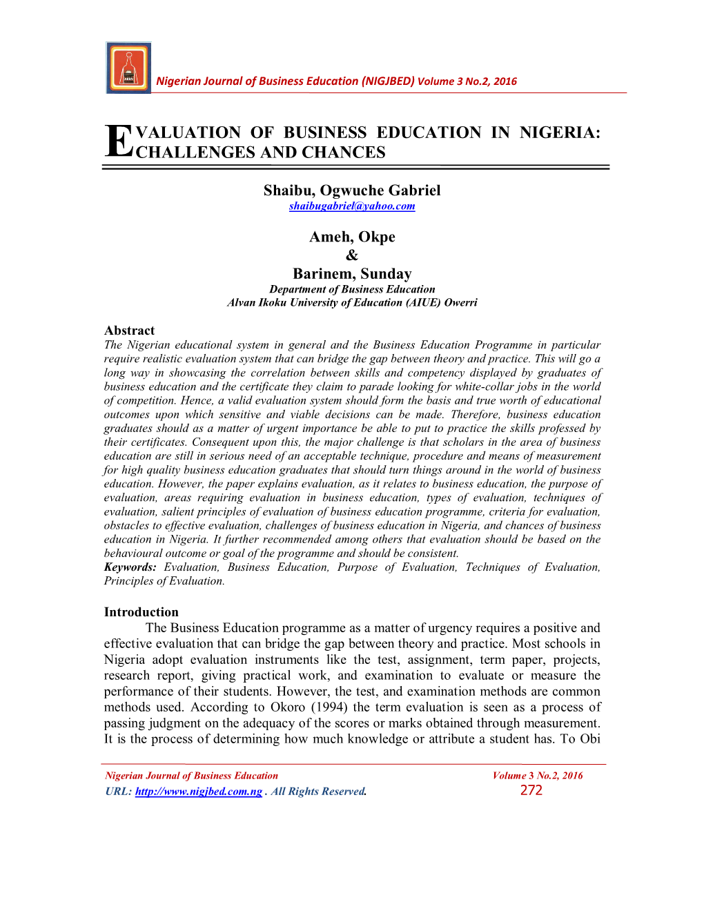 Valuation of Business Education in Nigeria: Echallenges and Chances