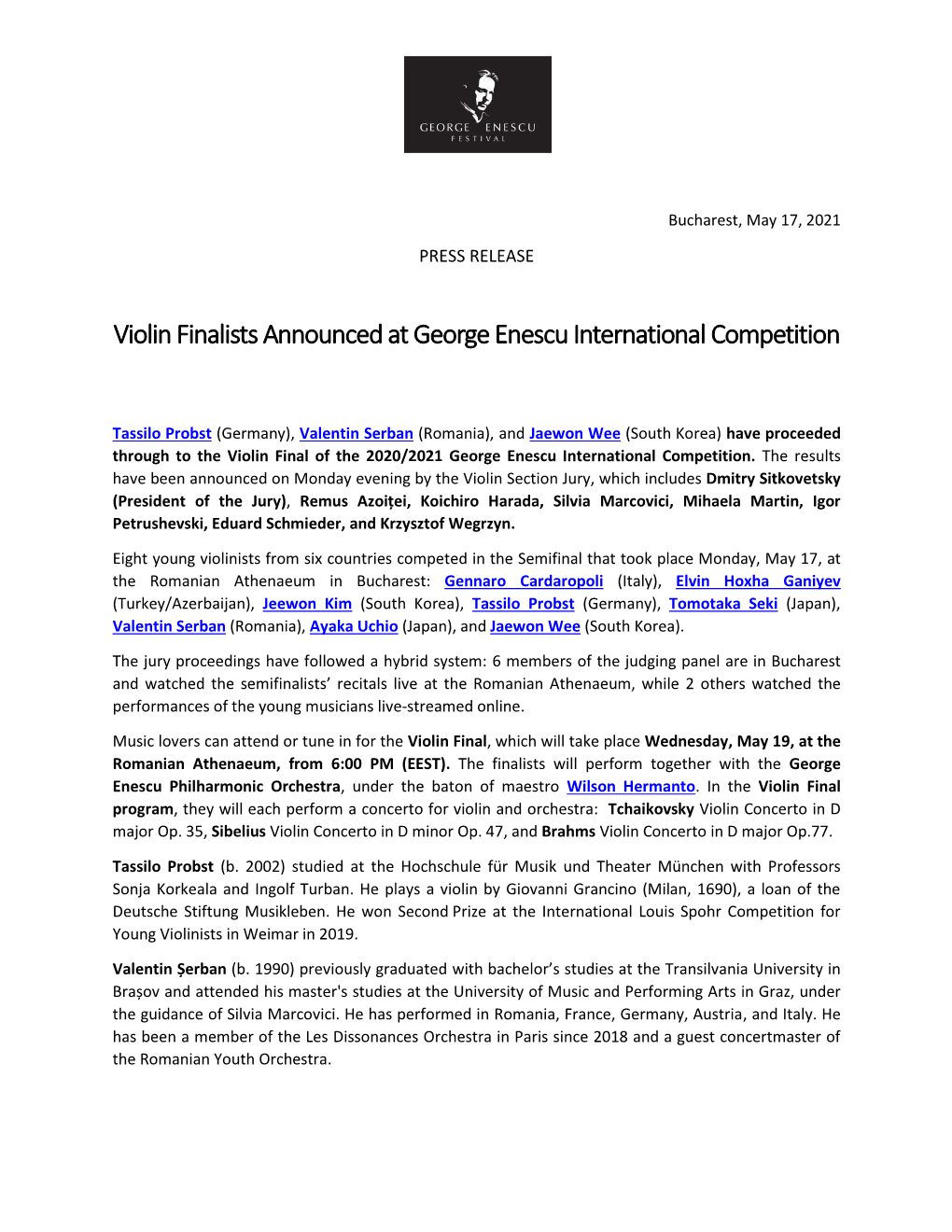 Violin Finalists Announced at George Enescu International Competition