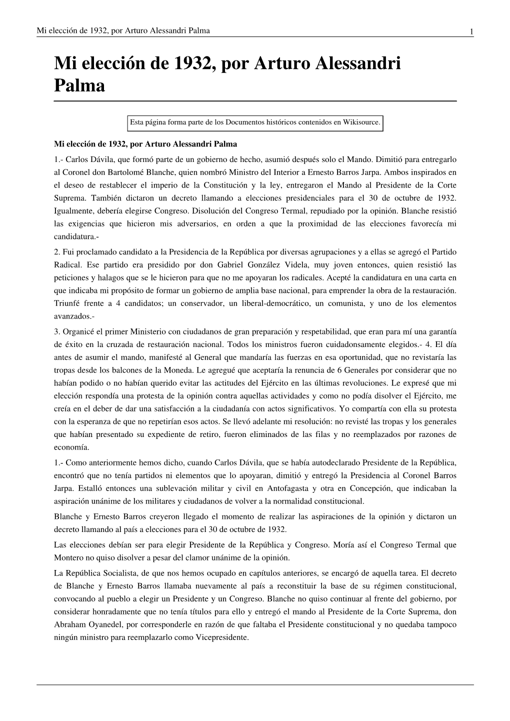 Mi Elección De 1932, Por Arturo Alessandri Palma 1 Mi Elección De 1932, Por Arturo Alessandri Palma