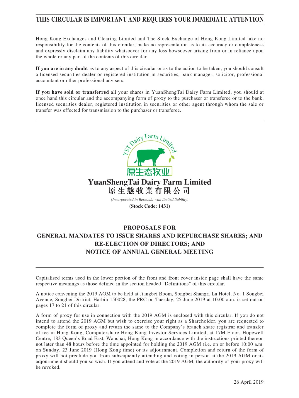 Yuanshengtai Dairy Farm Limited 原生態牧業有限公司 (Incorporated in Bermuda with Limited Liability) (Stock Code: 1431)