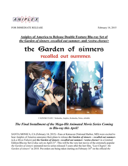 Aniplex of America to Release Double Feature Blu-Ray Set of the Garden