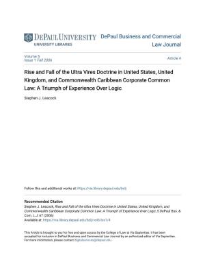 Rise and Fall of the Ultra Vires Doctrine in United States, United Kingdom, and Commonwealth Caribbean Corporate Common Law: a Triumph of Experience Over Logic
