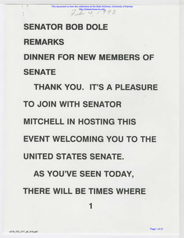 Senator Bob Dole Remarks Dinner for New Members of Senate Thank You