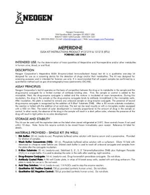 Meperidine Elisa Kit Instructions Product #131219 & 131215 (Rtu) Forensic Use Only