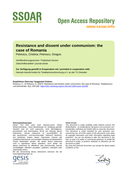 Resistance and Dissent Under Communism: the Case of Romania Petrescu, Cristina; Petrescu, Dragos