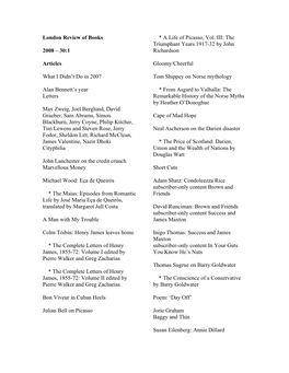 London Review of Books 2008 – 30:1 Articles What I Didn't Do in 2007 Alan Bennett's Year Letters Max Zweig, Joel Berglund
