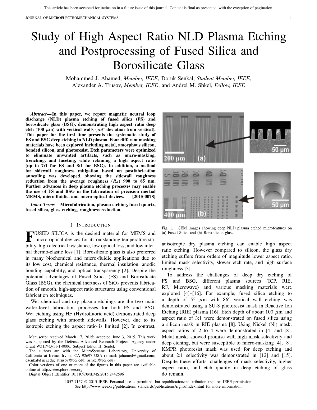 Study of High Aspect Ratio NLD Plasma Etching and Postprocessing of Fused Silica and Borosilicate Glass Mohammed J