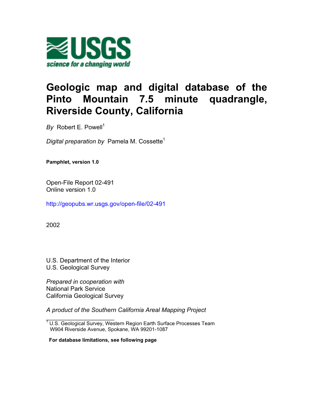 Geologic Map and Digital Database of the Pinto Mountain 7.5 Minute Quadrangle, Riverside County, California