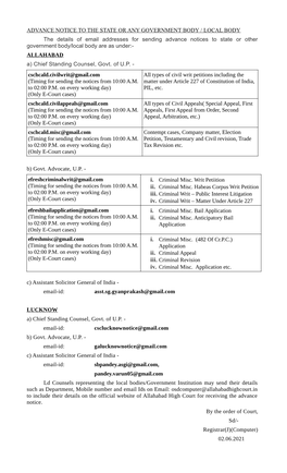 The Details of Email Addresses for Sending Advance Notices to State Or Other Government Body/Local Body Are As Under:- ALLAHABAD A) Chief Standing Counsel, Govt