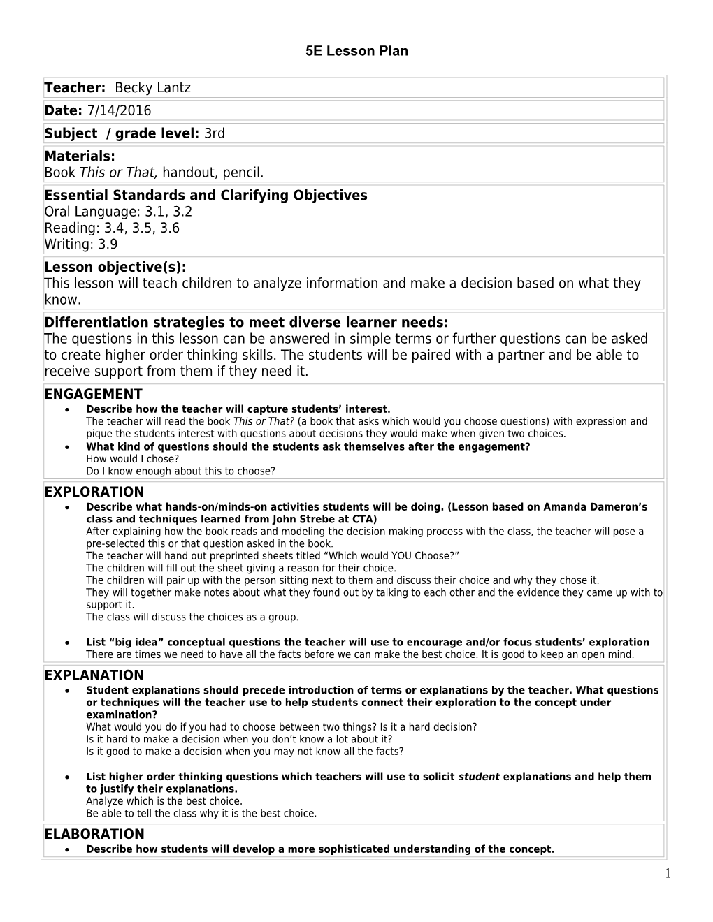 5E Student Lesson Planning Template s5