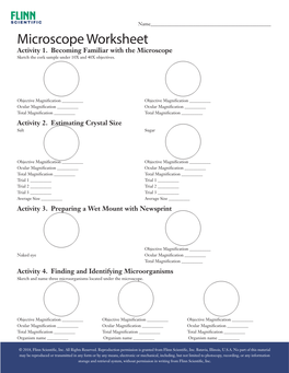 Microscope Worksheet Activity 1