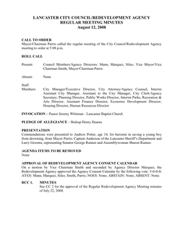 LANCASTER CITY COUNCIL/REDEVELOPMENT AGENCY REGULAR MEETING MINUTES August 12, 2008