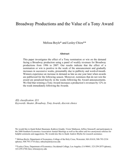 Broadway Productions and the Value of a Tony Award