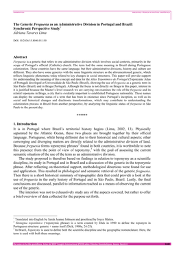 The Generic Freguesia As an Administrative Division in Portugal and Brazil: Synchronic Perspective Study Adriana Tavares Lima Ab