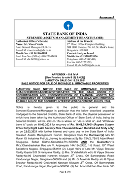 STATE BANK of INDIA STRESSED ASSETS MANAGEMENT BRANCH(SAMB) Authorised Officer’S Details: Address of the Branch: Name: Sri