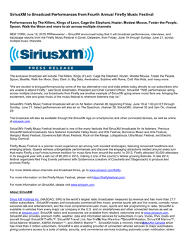 Siriusxm to Broadcast Performances from Fourth Annual Firefly Music Festival