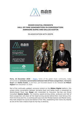 Midem Digital Presents Hall of Fame Songwriters in Conversation: Jermaine Dupri and Dallas Austin in Association with Deepr