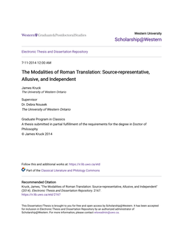 The Modalities of Roman Translation: Source-Representative, Allusive, and Independent