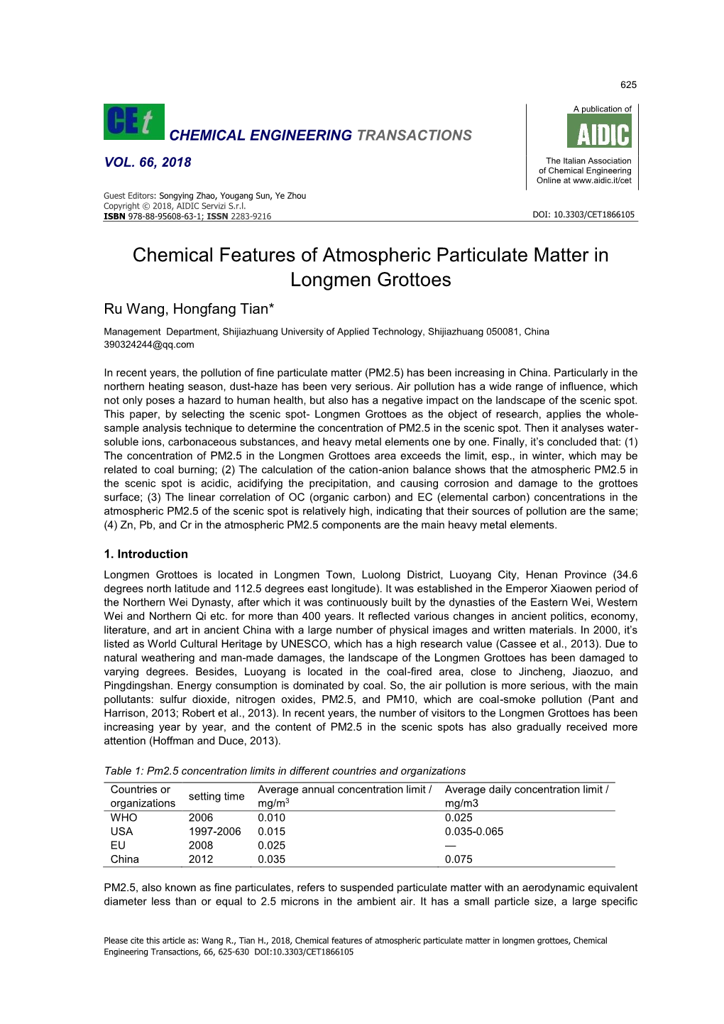 Chemical Features of Atmospheric Particulate Matter in Longmen