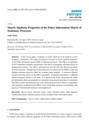 Matrix Algebraic Properties of the Fisher Information Matrix of Stationary Processes