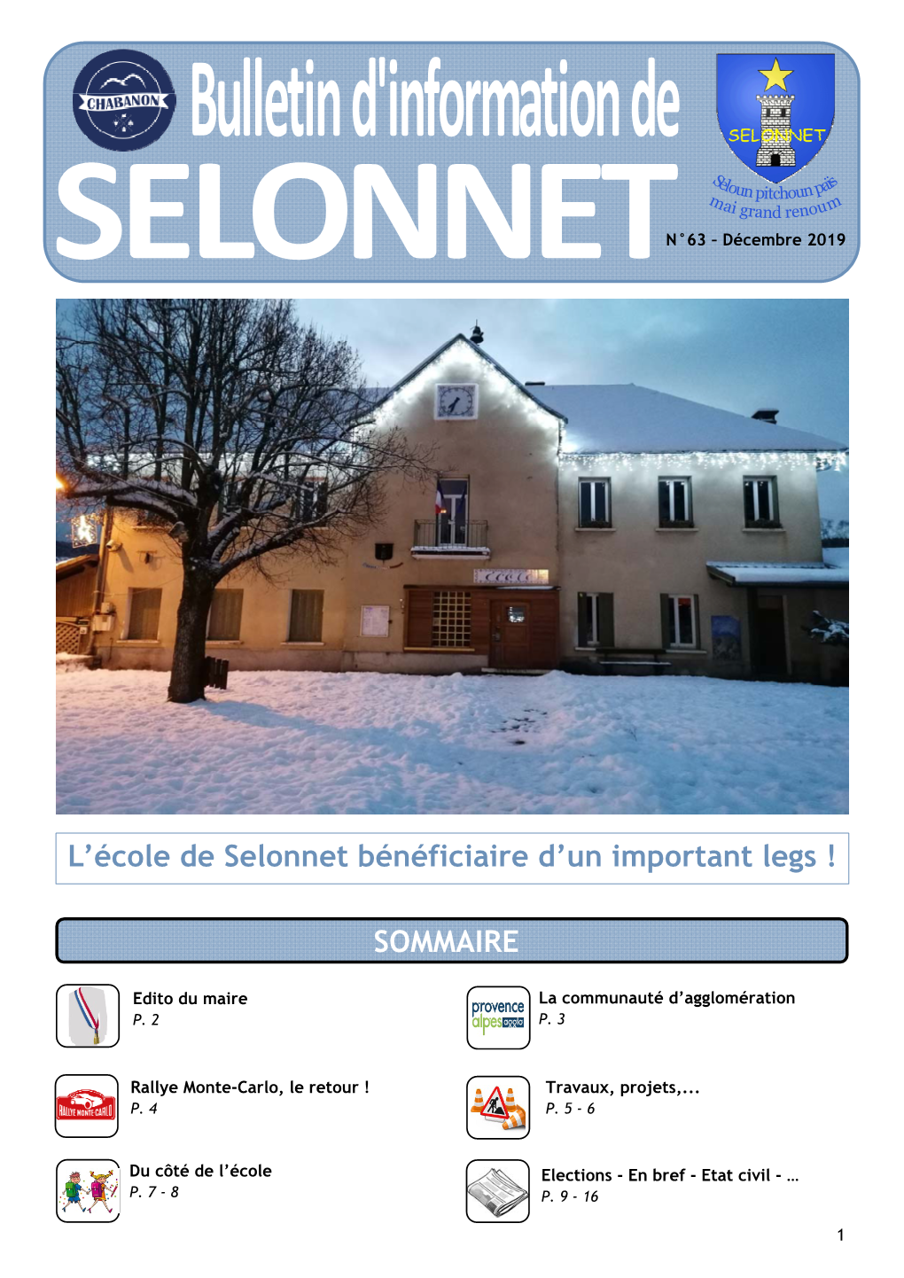 SOMMAIRE L'école De Selonnet Bénéficiaire D'un Important Legs !