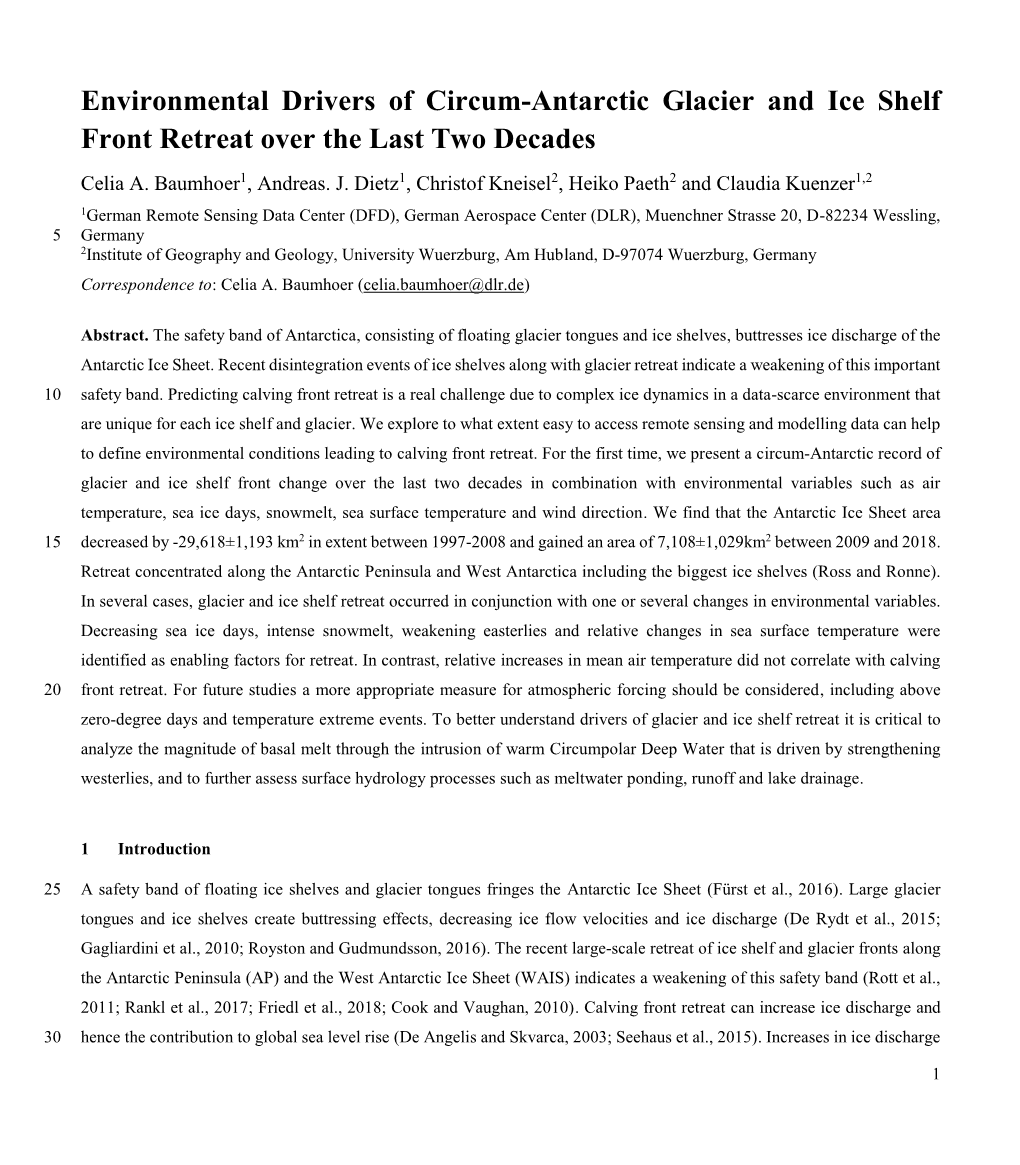 Environmental Drivers of Circum-Antarctic Glacier and Ice Shelf Front Retreat Over the Last Two Decades Celia A