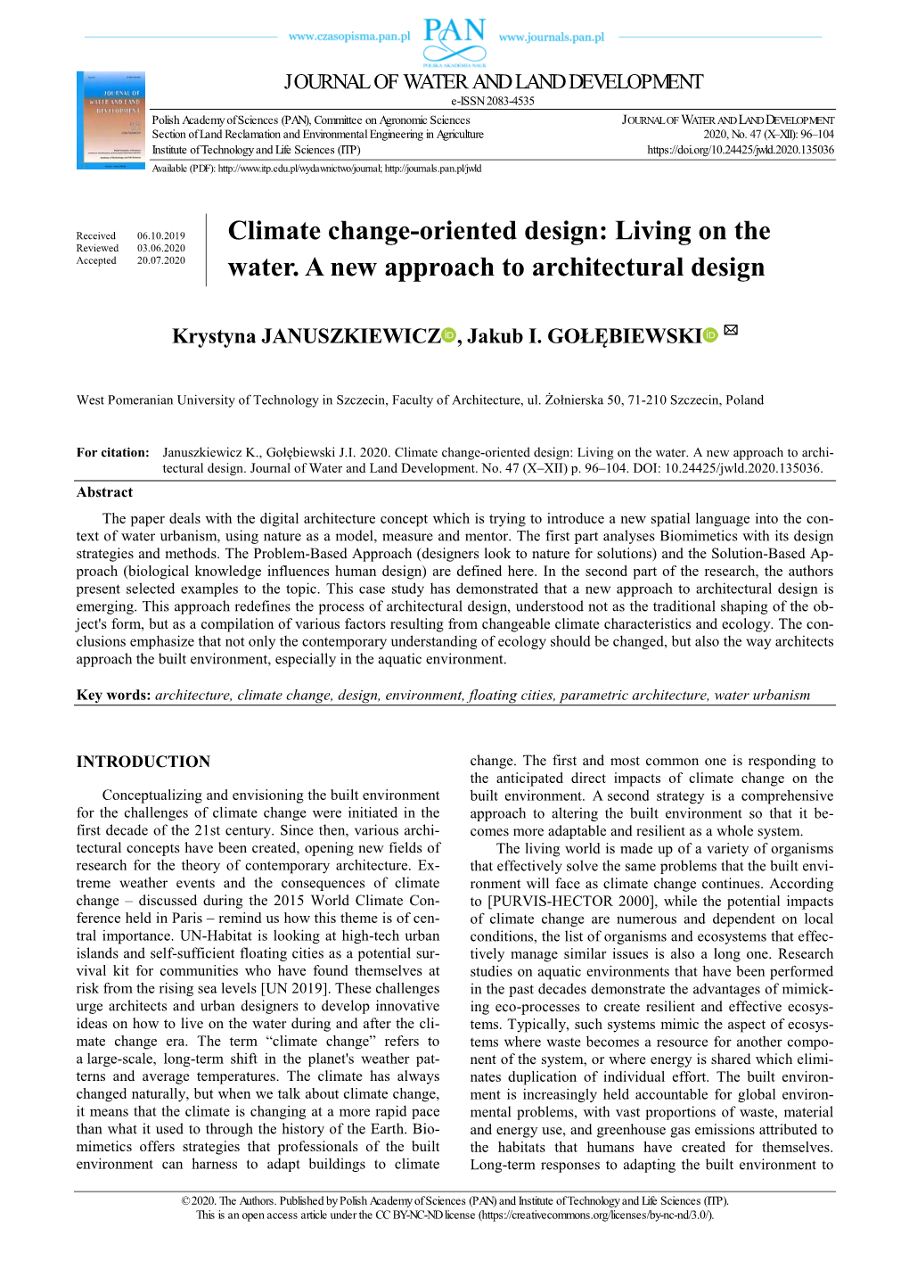 Climate Change-Oriented Design: Living on the Reviewed 03.06.2020 Accepted 20.07.2020 Water