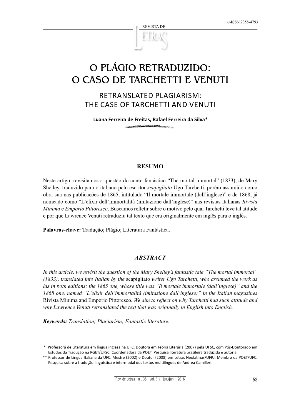 O Plágio Retraduzido: O Caso De Tarchetti E Venuti