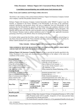 Policy Document – Reliance Nippon Life’S Guaranteed Money Back Plan