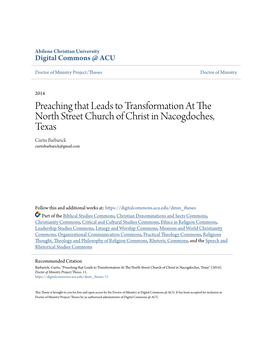 Preaching That Leads to Transformation at the North Street Church of Christ in Nacogdoches, Texas Curtis Barbarick Curtisbarbarick@Gmail.Com