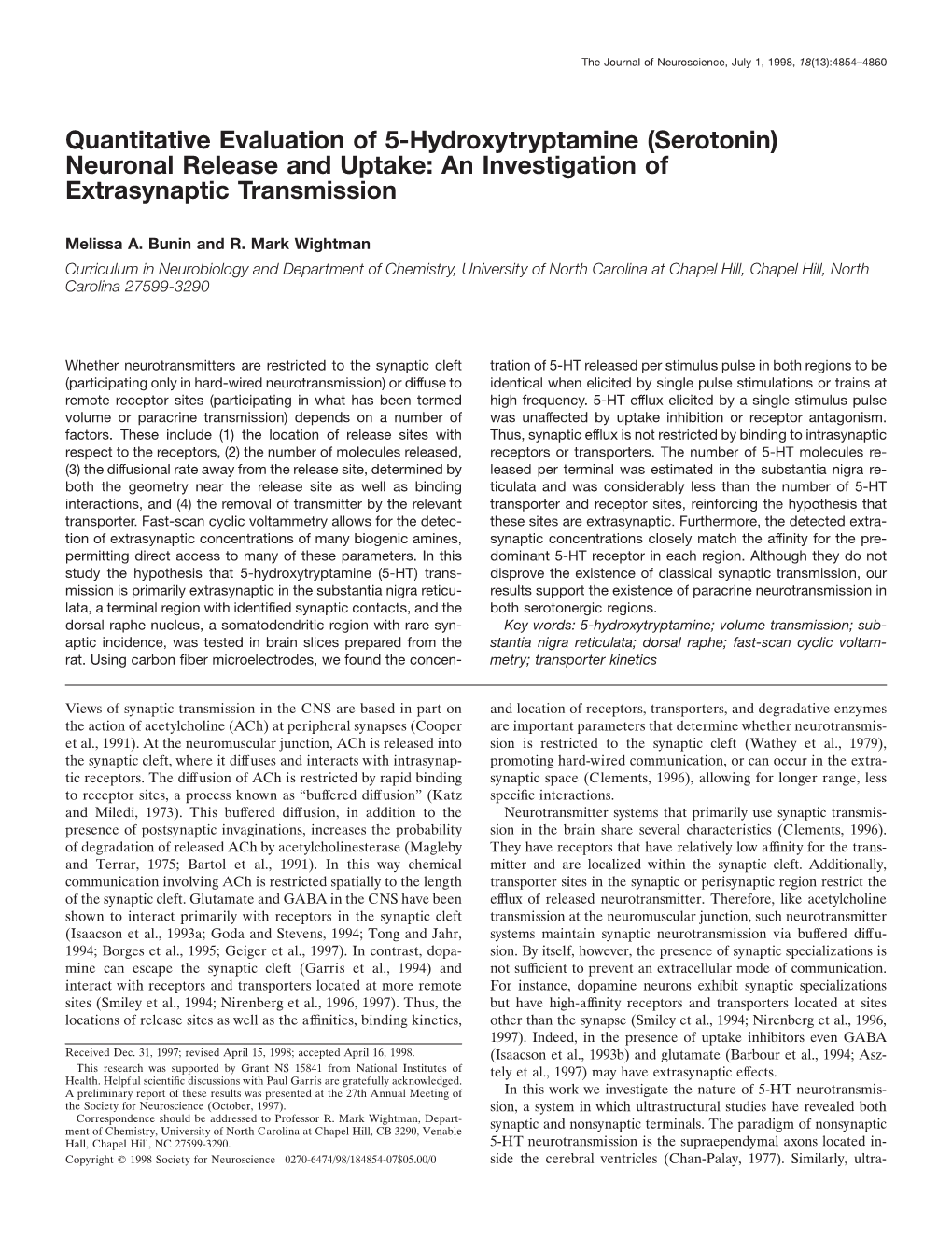 Serotonin) Neuronal Release and Uptake: an Investigation of Extrasynaptic Transmission