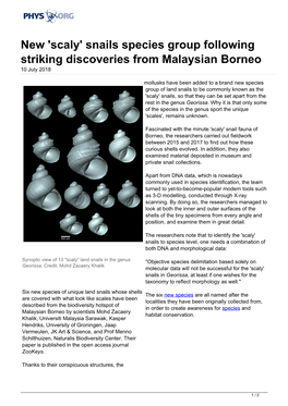 'Scaly' Snails Species Group Following Striking Discoveries from Malaysian Borneo 10 July 2018