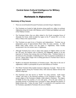 Central Asian Cultural Intelligence for Military Operations Nuristanis In